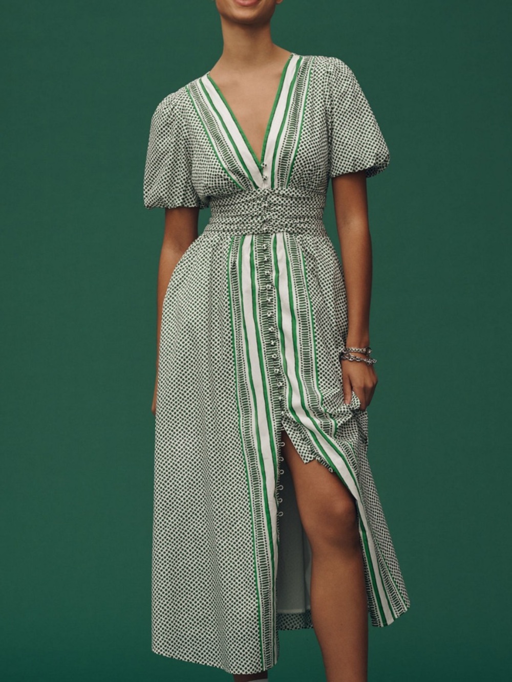 Anthropologie The Katerina Button-Front
Dress Green White V-Neck Smocked Waist - Picture 2 of 7